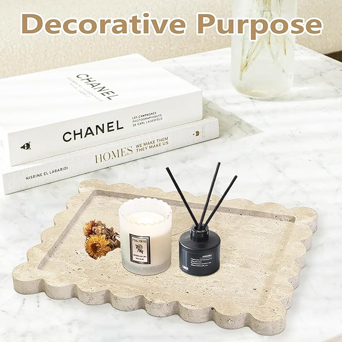 Prolee Scalloped Marble Tray,Marble Vanity Trays for Bathroom 12" x 9", Scalloped Tray,Wave Appearance Jewelry Home Decor Stone Trays for Kitchen Counter, Bathroom, Beige Travertine