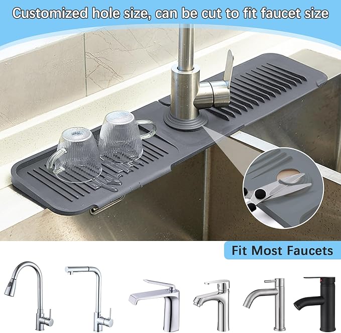 Silicone Sink Splash Guard Mat with Slanted Design,24*5.5 Inch Large Non-Slip Base,Multi-Surface Protector for Kitchen,Bathroom,Laundry,RV,Easy Clean Water Deflector Accessory(darkgray)