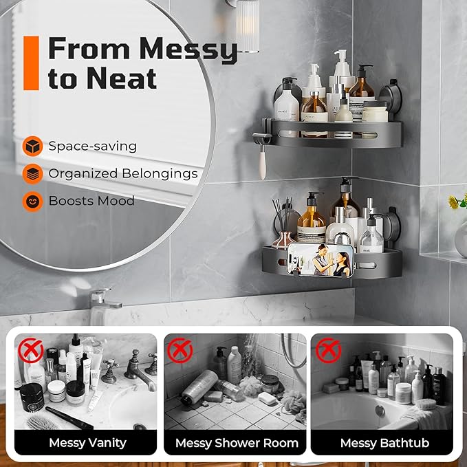 BREIS Corner Shower Caddy Suction Cup, Rustproof Corner Shelf, No Drill Bathroom Organizers & Storage, Large Capacity Shower Caddy with Hooks, Corner Shelf for Bathroom Decor RV Accessories