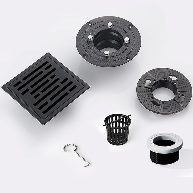 4 Inch Square Shower Floor Drain, Shower Drain Kit with Flange, Square Shower Drain, SUS 304 Stainless Steel Floor Drain,Matte Black