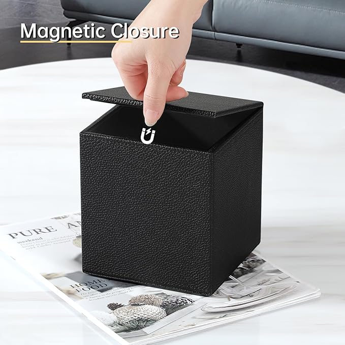 PU Leather Tissue Box Cover Square Tissue Box Holder with Magnetic Closure, Decorative Tissue Holder for Bathroom Bedroom Office (Black)