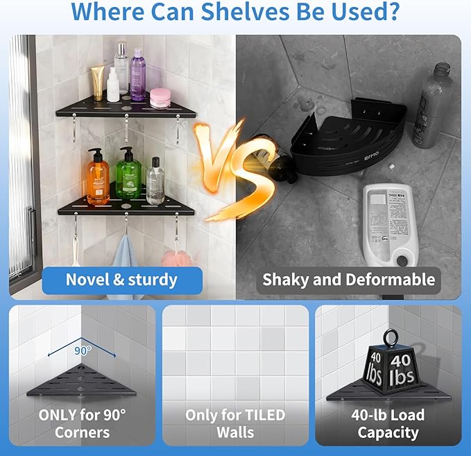 2 Pack Corner Shower Shelf,10" 304 Stainless Steel Bathroom Shelves Add 6 Hooks 40 lbs Heavy Duty Capacity Durable Bathroom Shower Shelf for Inside Shower Drilling Installation (Black)