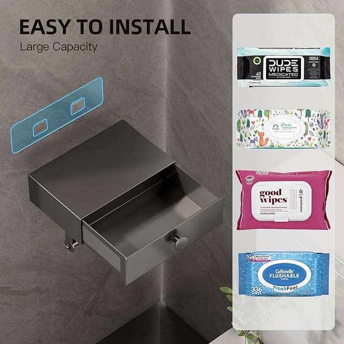 VOLDRA Toilet Paper Holder with Shelf Gray Wipes Dispenser for Bathroom Toilet Paper Holder with Storage Upgrade Drawer Design Toilet Tissue Holder Adhesive Small Bathroom Shelf Wall Mount