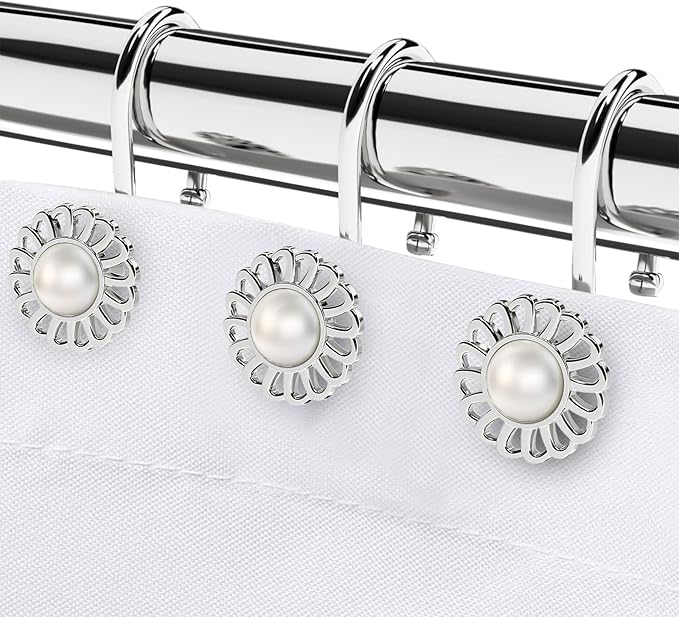 Silver Shower Curtain Hooks Rings, Decorative Shower Curtain Hangers, Heavy Duty Metal Shower Rings, Sunflower Shower Hooks for Shower Curtain Rod and Liner, Bathroom Curtain Hooks, Chrome, iToplin