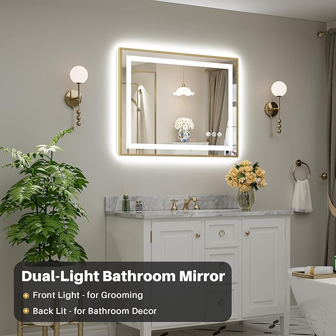 40x30 Inch LED Bathroom Mirror with Gold Frame, Backlit & Front Lit, Anti-Fog Lighted Bathroom Vanity Mirror for Wall, Memory Function, Dimmable, HD Tempered Glass, Shatter-Proof
