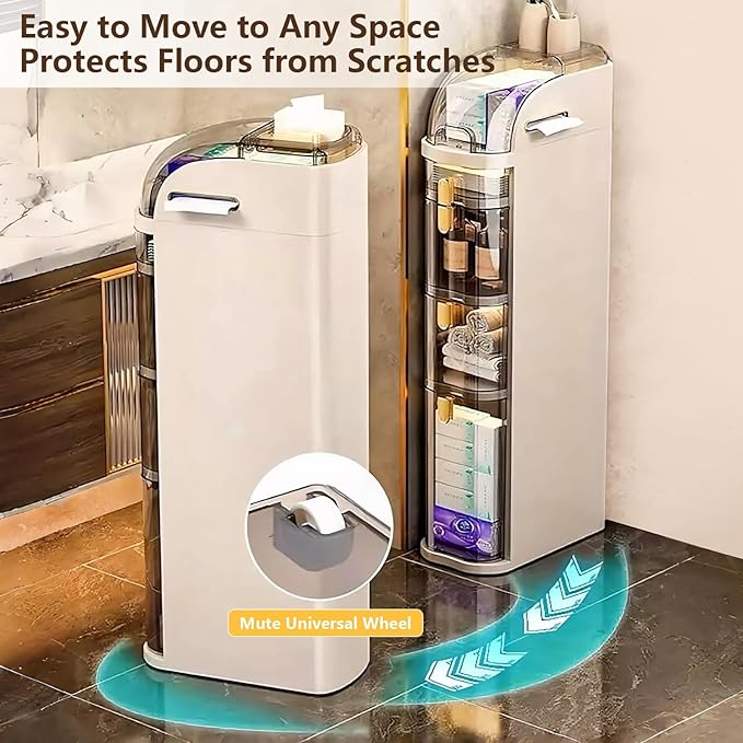 4-Tiers Narrow Bathroom Floor Storage Cabinet 7.1″ Plastic Drawers Organizer with Tissue Box and Wheels Slim Waterproof Bathroom Cabinet for Small Kitchen Laundry Living Room Toilet Gap