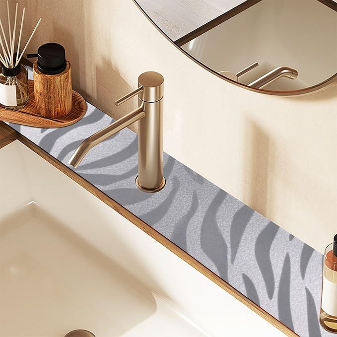 Kitchen Sink Splash Guard 1 PC 30 Inch Sink Faucet Mat Splash Guard for Bathroom Countertop Water Absorbent Foldable Cuttable Soft Washable Light Silvery Zebra Print