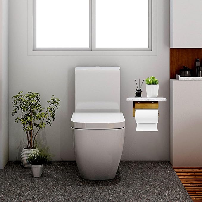 Toilet Paper Holder with Natural Marble Shelf for Bathroom Washroom,Wall Mounted Tissue Holder Suitable for Mega Roll (Brushed Gold, Middle 7.87 * 4.72 in)