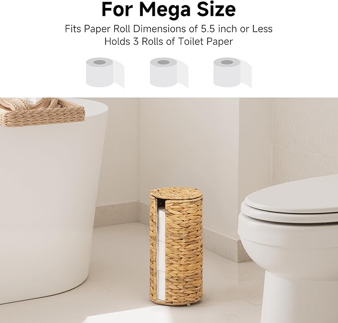 StorageWorks Water Hyacinth Free Standing Toilet Paper Holder Stand for Bathroom, 3 Rolls of Toilet Tissue Storage with a Built-in Cloth Lining, Toilet Roll Holder Stand with Lid (Pack of 2)