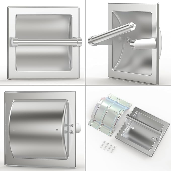 Brushed Nickel Recessed Toilet Paper Holder,Pivoting Toilet Tissue Holder,Made of SUS304 Stainless Steel, in Wall Toilet Paper Holder with Bracket