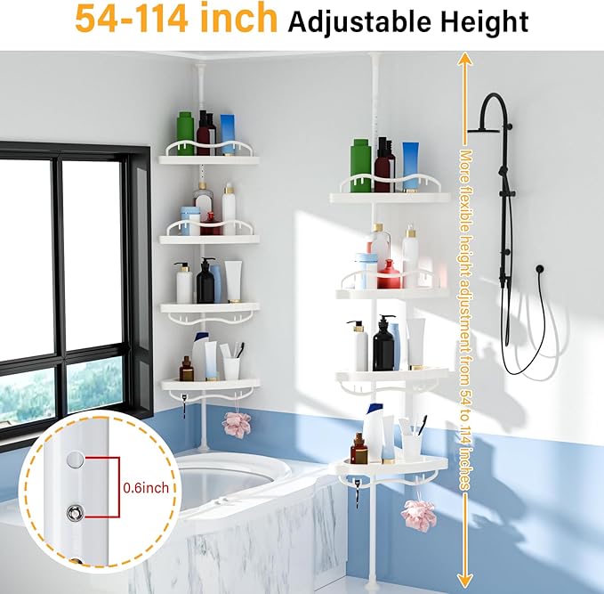 White Corner Shower Racks for Inside Shower - Heavy Duty Rustproof Stainless Steel Stand Shower Organizer with 4 Adjustable Shelves,No-Drill Free Standing for Bathroom, Bathtub,54" to 114" Tall
