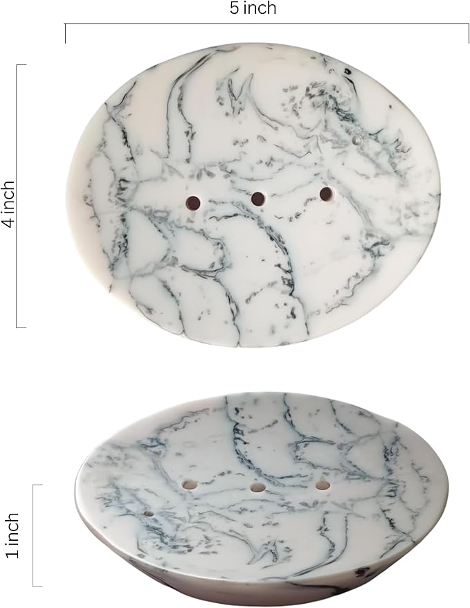 Ajuny Marble Resin Soap Dish Self Draining Oval Bar Soap Holder White & Black Countertop Tray Soap Saver for Bathroom Shower Kitchen Sink & Bathtub Easy to Clean
