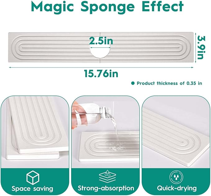 16 Inch Stone Faucet Mat for Kitchen Sink,Kitchen Sink Splash Guard-Water Absorbing Stone Tray for Sink,Super Absorbent, Diatomite Protector with Drainage for Kitchen Bathroom Counter(White）