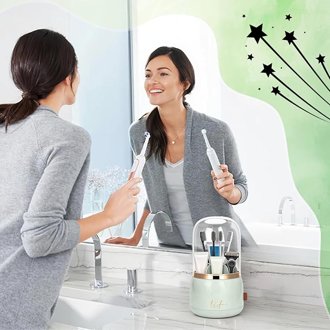 360 Rotating Toothbrush Holder with Cover, 7-Slot Bathroom Organizer with Drainage for Electric Toothbrushes & Toothpaste, Countertop Vanity Storage for Makeup Brushes