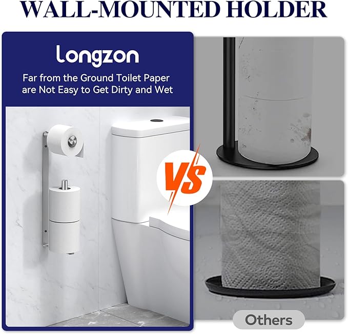 Longzon Brushed Nickel Toilet Paper Holder Wall Mount, Self Adhesive Toilet Paper Holder Storage for 3 Roll Tissue, Premium 304 Stainless Steel Stick On Toilet Paper Roll Holder for Bathroom, Silver