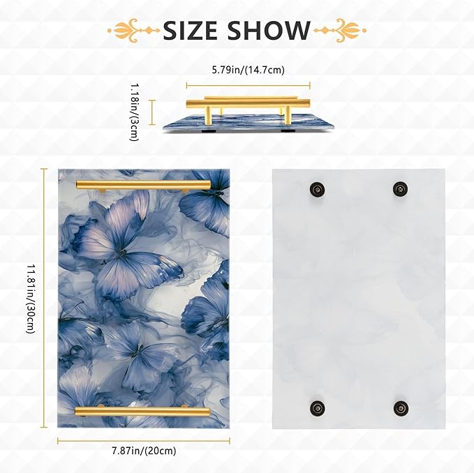 Blue Marble Butterfly Tie Dye Vanity Tray Acrylic Bathroom Countertop Tray Marbling Decorative for Kitchen Desk Organizer Makeup Storage Tray