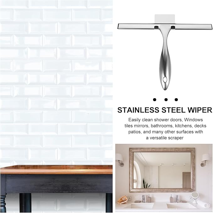 Stainless Steel Shower Squeegee 10-inch Water Scraper with Nail-Free Adhesive Hook for Glass Door Bathroom Window and Mirror Cleaning
