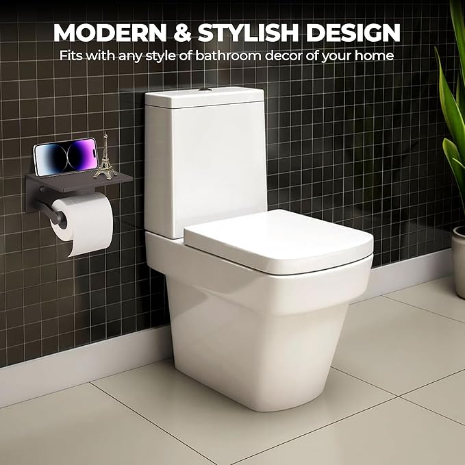 Toilet Paper Holder with Phone Shelf – Tissue Roll Holder Bathroom Storage Dispenser - Adhesive Toilet Paper Holder Wall Mount Bathroom Décor - Matte Gray