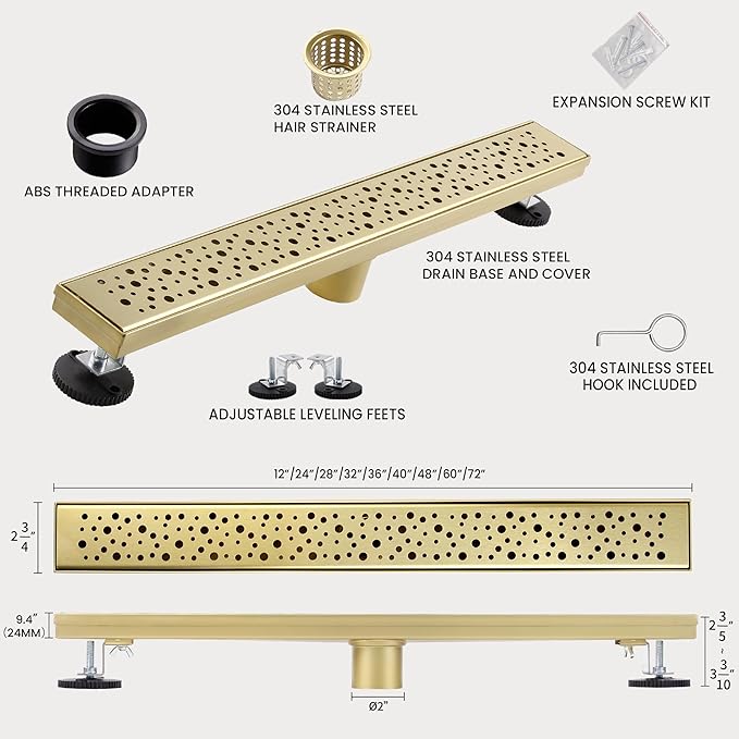 48 Inch Linear Shower Drain, Brushed Gold Shower Drain,Removable Grate, 304 Stainless Steel, Easy to Install and Clean for Bathrooms (Drain Base Not Included), LSD-19A-48G