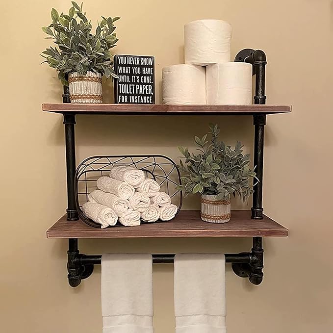 MBQQ Shelving Bathroom Pipe Shelves with Towel Bar Over Toilet, 24 inch Pine Wood Floating Shelves for Wall Mounted Bedroom,Kitchen, Farmhouse, Living Room