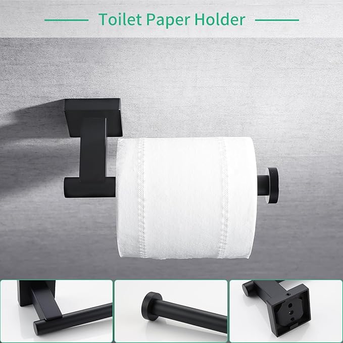 Miyili Matte Black 4-Piece Bathroom Hardware Kit Set Stainless Steel Wall Mount - Includes Double Towel Bar, Hand Towel Rack, Toilet Paper Holder, Robe Hook, BS02B4