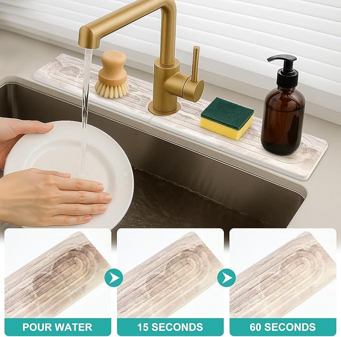 Large Stone Faucet Mat for Kitchen Sink Water Catcher Diatomite Quick Dry Stone Mat Kitchen Sink Splash Guard Protectors Water Absorbing Tray Absorbent Faucet Mats for Bathroom Counter Accessories