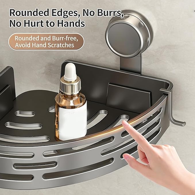 Triangle Suction Cup Shower Caddy, Corner Shower Shelves No Drilling, Upgrade Suction Cup Shower Organizer with Towel Bar & Hooks, Heavy-Duty Strong Hold (Gray, 3pcs)