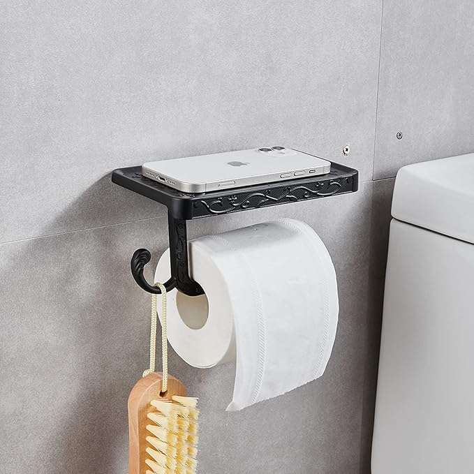 Vintage Carved Floral Toilet Paper Holder with Shelf - Matte Black Aluminum Bathroom Organizer, Wall Mounted Decorative Roll Holder for Bathroom/Vanity (7.24" Phone Shelf, Black Finish)
