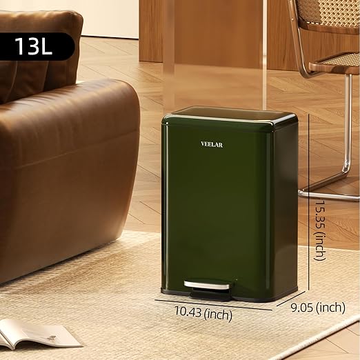 Kitchen 3.5 Gallon (13 L) Trash Can - Stainless Steel Garbage Bin with Foot Pedal, Recycling Bin with Lid for Livingroom Office Bathroom (Green)