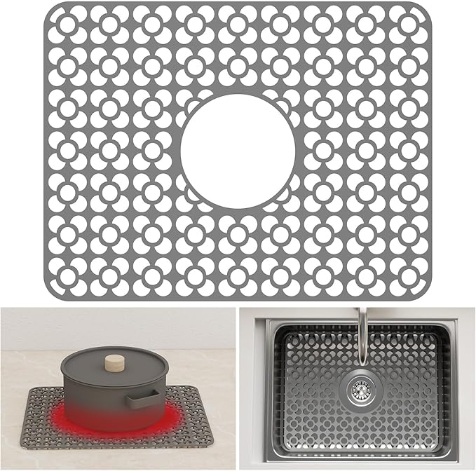 TOOVEM Kitchen Sink Mats, Sink Protectors for Kitchen Sink, 11.5 x 16.2 Inch Silicone Heat Resistant Non-Slip for Bottom of Kitchen Stainless Steel Sink Mats, Grey