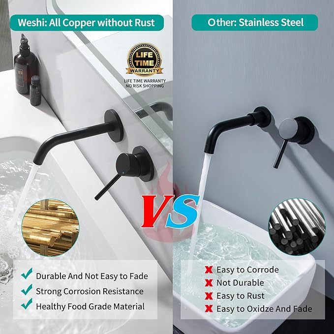 Weshi Bathroom Faucets Wall Mount Matte Black Bathroom Basin Faucet - Single Handle Vanity Tap - Curved Wall Spout Sink Faucet with Rough-in Valve