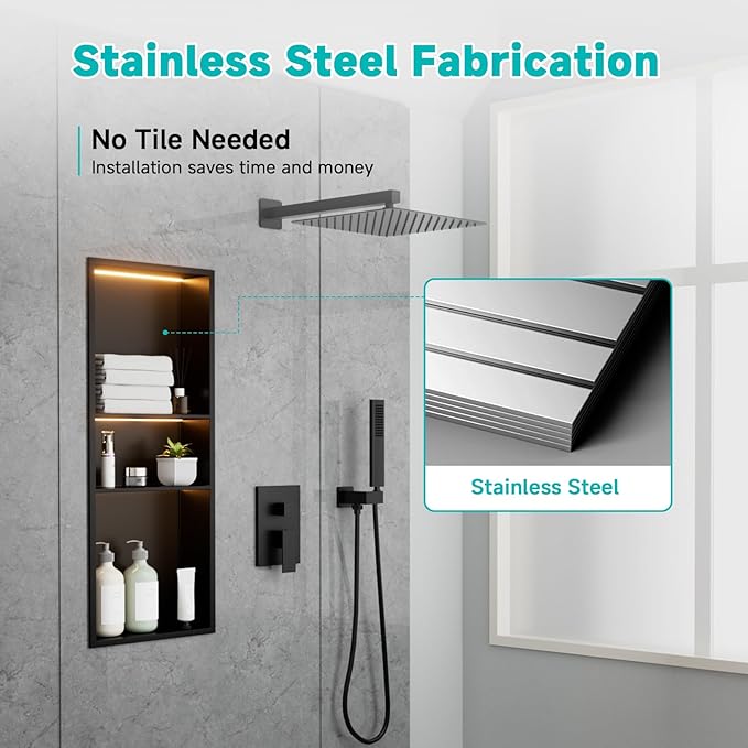 Black Stainless Steel Shower Niche with LED Lights 12" x 30" – Recessed Shower Shelf with 3-Tier Storage, Waterproof & Rustproof Bathroom Wall Niche