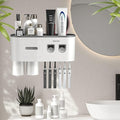 Toothbrush Holders Wall Mounted, Double Automatic Toothpaste Dispensers Squeezer Kit, Toothbrush Holder with Automatic Toothpaste Dispensers, 6 Brush Slots, 2 Magnetic Cups,1 Drawer and 1 Storage Tray