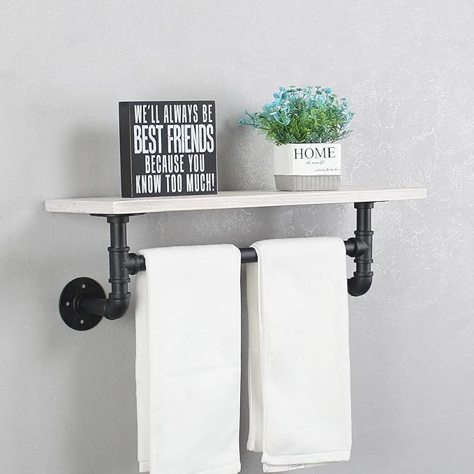 MBQQ Black & White Shelving Bathroom Pipe Shelves with Towel Bar Over Toilet, 24 inch Pine Wood Floating Shelves for Wall Mounted Bedroom,Kitchen, Farmhouse, Living Room