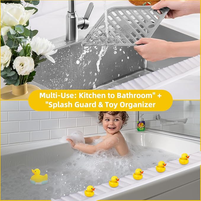 Kitchen Sink Splash Guard with Suction Cups, Kitchen Sink Mat, Non-Slip Silicone Sink Edge Protector, Water Splash Guard for Kitchen, Bathroom, Bathtub (Transparent, 4*24 in)