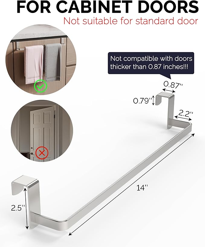 Over Cabinet Towel Rack, 2 Pack 14 Inch Over The Door Towel Bar Towel Hanger for Kitchen, Stainless Steel Over Cabinet Cupboard Kitchen Towel Holder, Foam Protective Mats (Silver)
