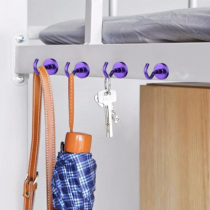 MIKEDE Magnetic Hooks, 50Lbs+ Heavy Duty Magnet Hooks for Cruise Cabins, Super Neodymium Hanging Hooks Strong Magnets with Hook for Fridge, Magnetic Hanger for Grill, Toolbox, Storage(Purple, 10 Pack)
