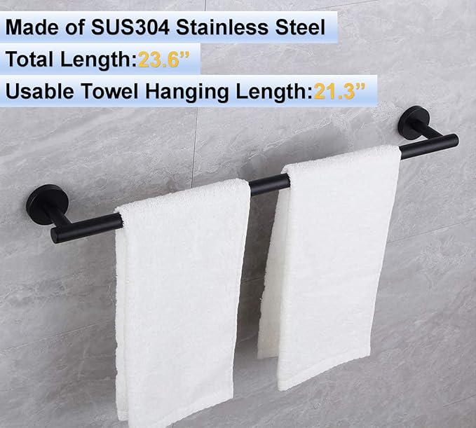 24 Inch Towel Bar for Bathroom 9/12/16/24/28/33 Inch Kitchen Hand Towel Holder Matted Black SUS304 Stainless Steel RUSTPROOF Wall Mount Towel Rod(1, Matted Black, 24 Inch)