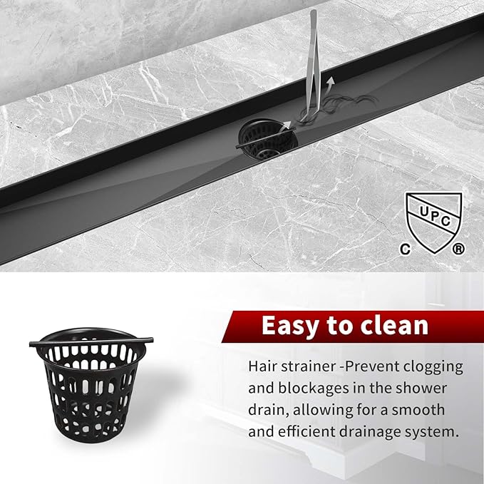 Sharp-tec Shower Drain, 32 inch Linear Shower Drain, Matte Black 304 Stainless Steel Rectangular Shower Floor Drain with Adjustable Leveling Feet, Hair Strainer, cUPC Certified, ST-099-32B