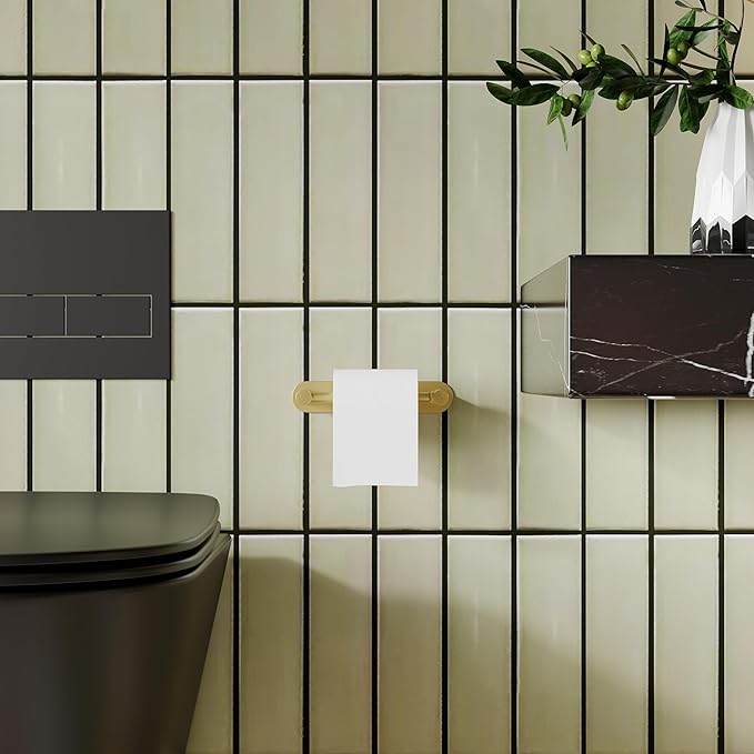 Adhesive Toilet Paper Holder Gold Double Post Pivoting Bathroom Toilet Tissue Holder Roll Holder Stick On No Drilling Stainless Steel and Zinc Alloy