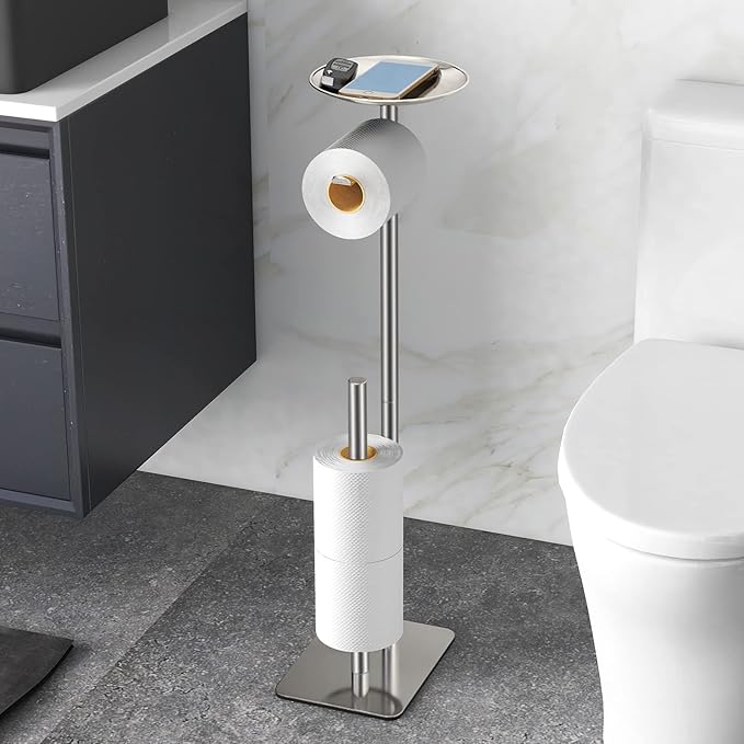 Toilet Paper Holder Stand for Bathroom Floor Standing Toilet Roll Dispenser Storages 4 Reserve Rolls, with Top Storage Shelf for Cell Phones, Wipe, Wallet and More(Brush Nickel)