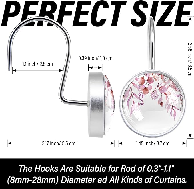 12 Pcs Pink Eucalyptus Shower Curtain Hooks - Decorative Shower Curtain Hooks Rings Set - Stainless Steel Round Resin Shower Rings Hangers for Modern Bathroom Home Bath Room Rods Decor