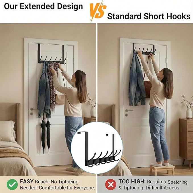 Large Over The Door Hooks, Sturdy Door Hanger with 12 Hooks, Door Towel Rack for Bathroom, Bedroom, Kitchen, Coat Rack for Hanging, Easy to Install (Black)