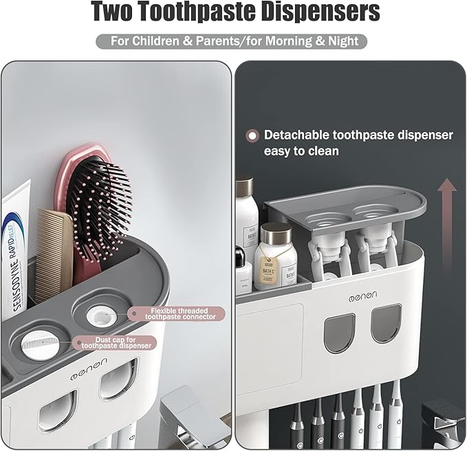 Toothbrush Holders Wall Mounted, Double Automatic Toothpaste Dispensers Squeezer Kit, Toothbrush Holder with Automatic Toothpaste Dispensers, 6 Brush Slots, 2 Magnetic Cups,1 Drawer and 1 Storage Tray