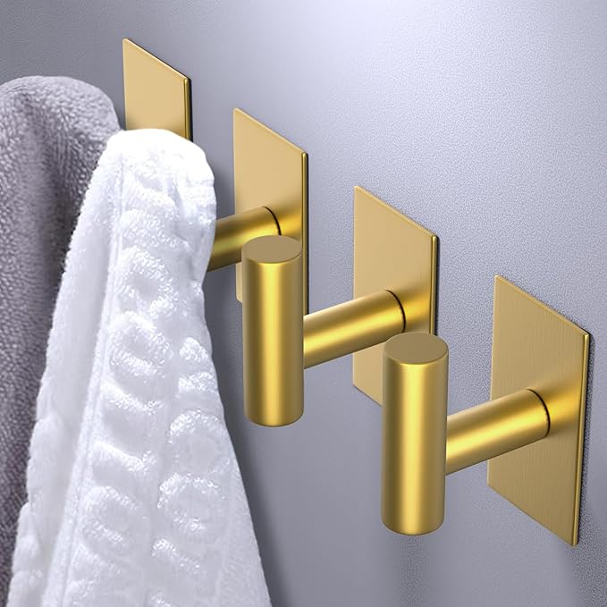 PMMASTO Adhesive Hooks, Matte Stainless Steel Sticky Hooks for Hanging, Self Adhesive Shower Wall Hooks, Towel Hooks Heavy Duty for Bathroom, Bedroom RV and Kitchen (Gold “T ”Shape 2PC-S)