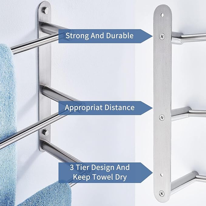 Bathroom Towel Bark 3-Tiers with Hook 24-Inch 304 Stainless Steel Wall Towel Rack for Bathroom Wall Mounted Towels Shelves,Towel Ladder Holder Brushed Finished