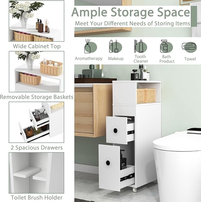LOKO Slim Bathroom Storage Cabinet with Wheels, Narrow Toilet Side Cabinet with Drawers, Removable Storage Baskets, Toilet Brush Holder, Movable Bathroom Organizer or Skinny Corner, Narrow Spaces