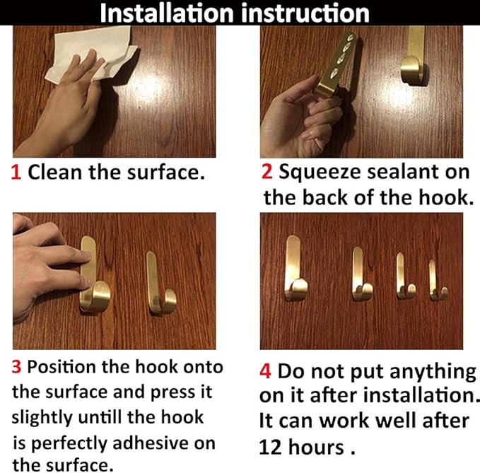 Brass Bath Towel Hook, Brushed Gold Coat Robe Clothes Hook for Bathroom Kitchen Garage Wall Mounted (Pack of 4), No Screw Need