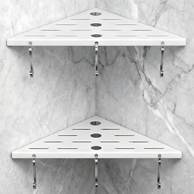 2 Pack Corner Shower Shelf,304 Stainless Steel Bathroom Shelves Add 6 Hooks 40 lbs Heavy Duty Capacity Durable Shower Shelf for Inside Shower Drilling Installation (White)