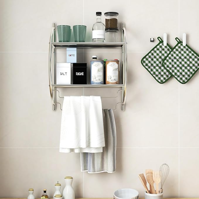 GOFLAME Wall Mounted Bathroom Shelf Set of 2, 2-Tier Chrome Towel Rack with Leaky Design Shelves, Towel Bars, Chrome Bathroom Shelf for Living Room Kitchen Bathroom, Silver
